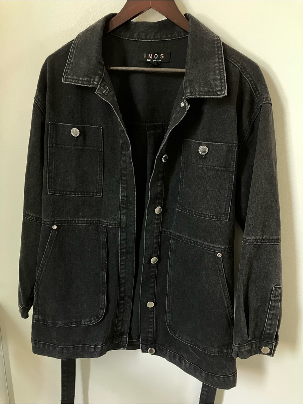 IMOS Black Denim Utility Barn Chore Jacket Belted Medium